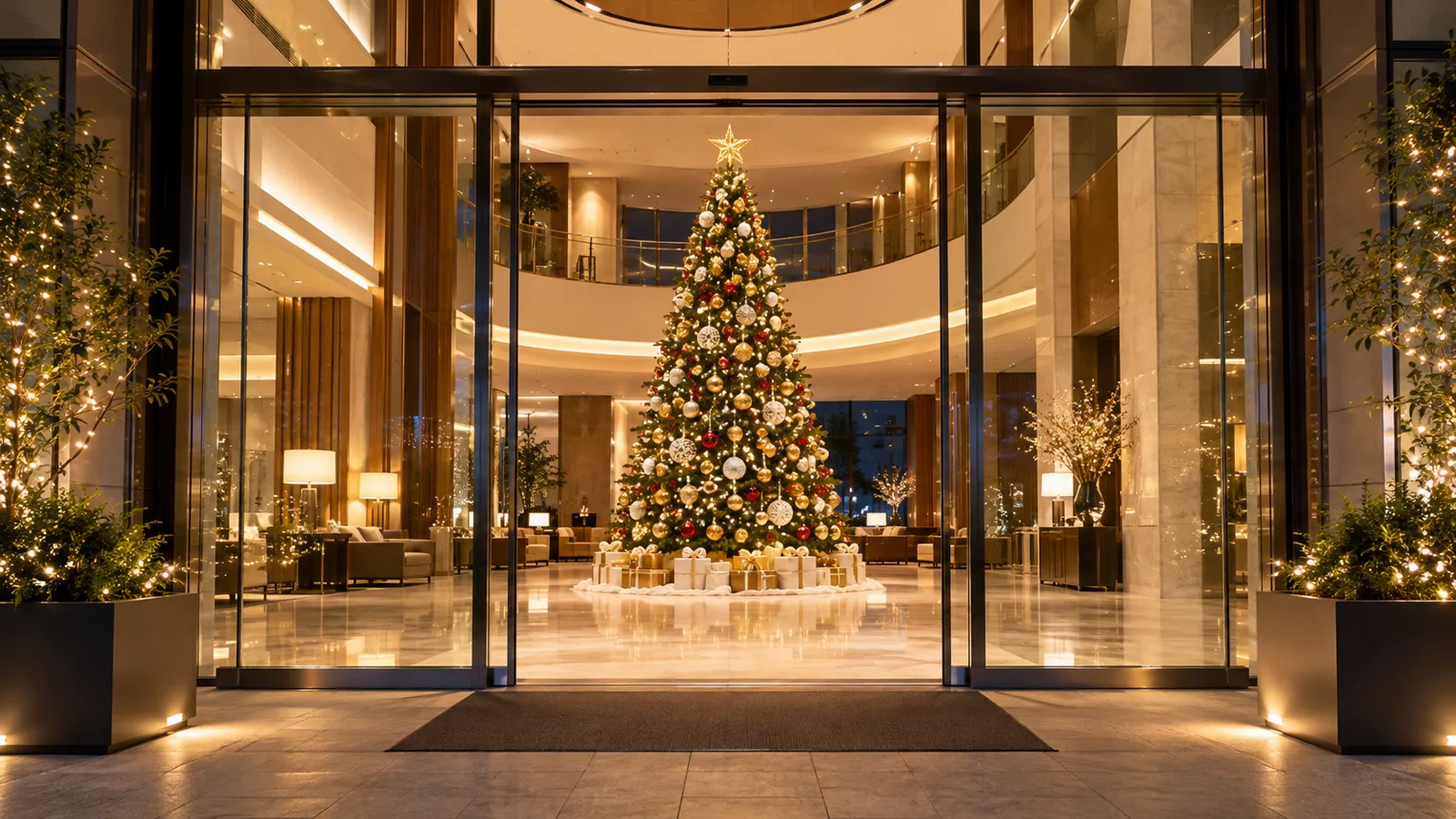 ホテルのエントランスに、飾り付けを終えた大型のクリスマスツリーが立ち、電飾が温かく光っている様子を、入口の正面から少し離れて写した写真。人物は写っていない