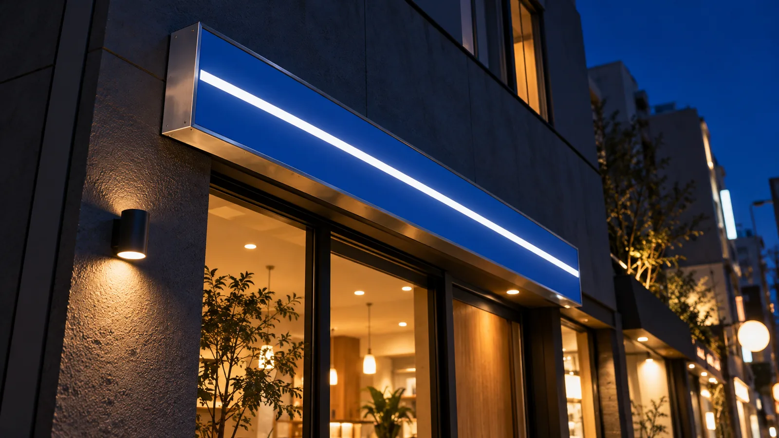 夜の路面店の外壁に付いた横長の箱型の看板が、内側から白く均一に光っている様子を、歩道の低い位置から斜めに見上げて写した写真。看板の面は無地の濃い青で、文字は無い。人物は写っていない