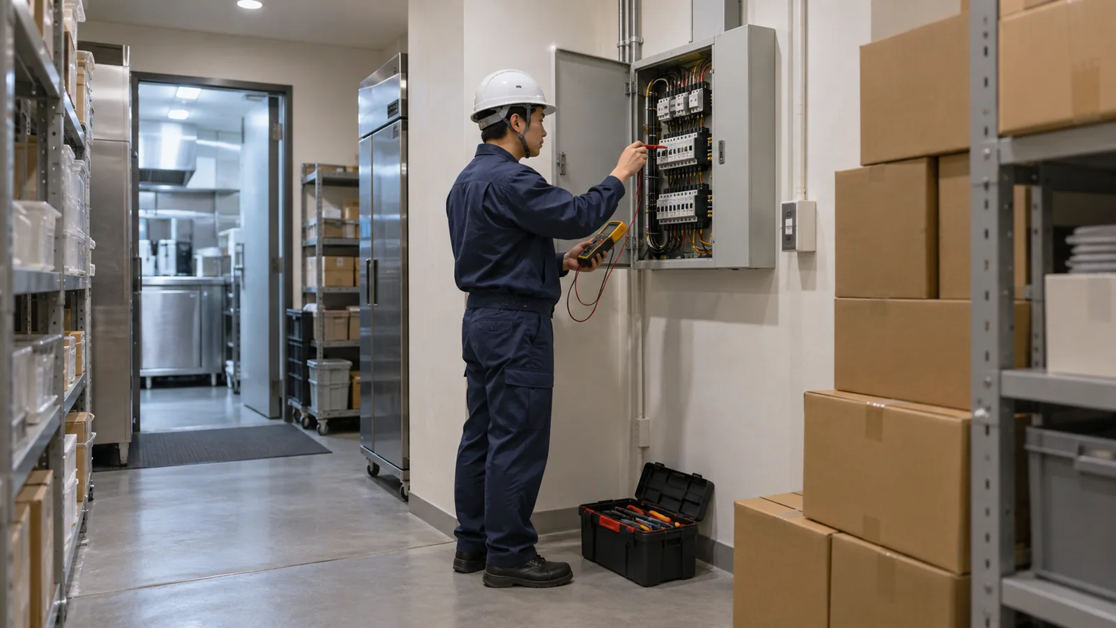 店舗のバックヤードの壁の分電盤の扉を開け、紺の無地の作業着の作業員がテスターを当てて確かめている様子を、少し離れた斜め後ろから写した写真。分電盤とテスターに文字や数字は無い