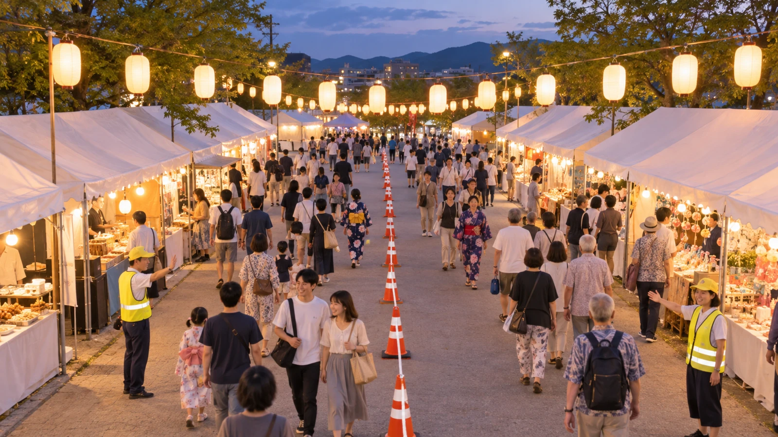 夕暮れの祭りの会場で、提灯の下を来場者がゆっくり行き交う広い通路を、少し高い位置から見下ろすように写した写真。通路の中央に誘導用のロープとコーンが一列に並び、反射ベストを着たスタッフが2人、間隔を空けて立って手で進む方向を示している