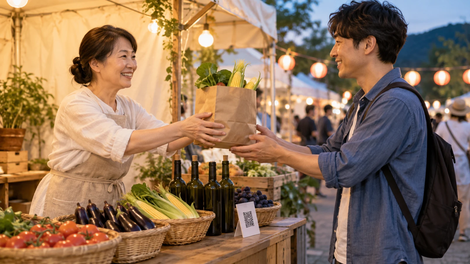 祭りの出店テントの軒先で、地元の野菜とワインのボトルを並べた台をはさみ、エプロン姿の店主の女性が来場者の男性に紙袋を手渡している様子を、台の高さから横向きに近めに写した写真。台の端には電子決済用の無地のQRコードの立て札が置かれている