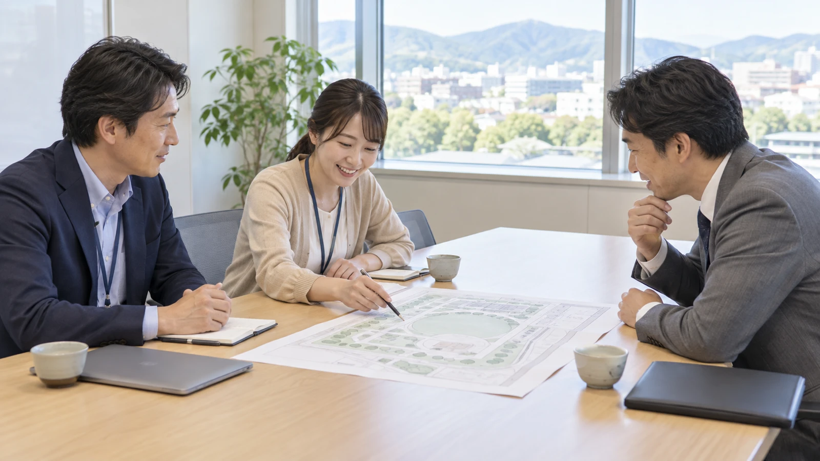 市役所の会議室で、ジャケット姿の男性職員と女性職員が、向かいに座るイベント会社の担当の男性と、机に広げた会場の平面図をはさんで打ち合わせをしている様子を、窓側から横向きに目の高さで写した写真