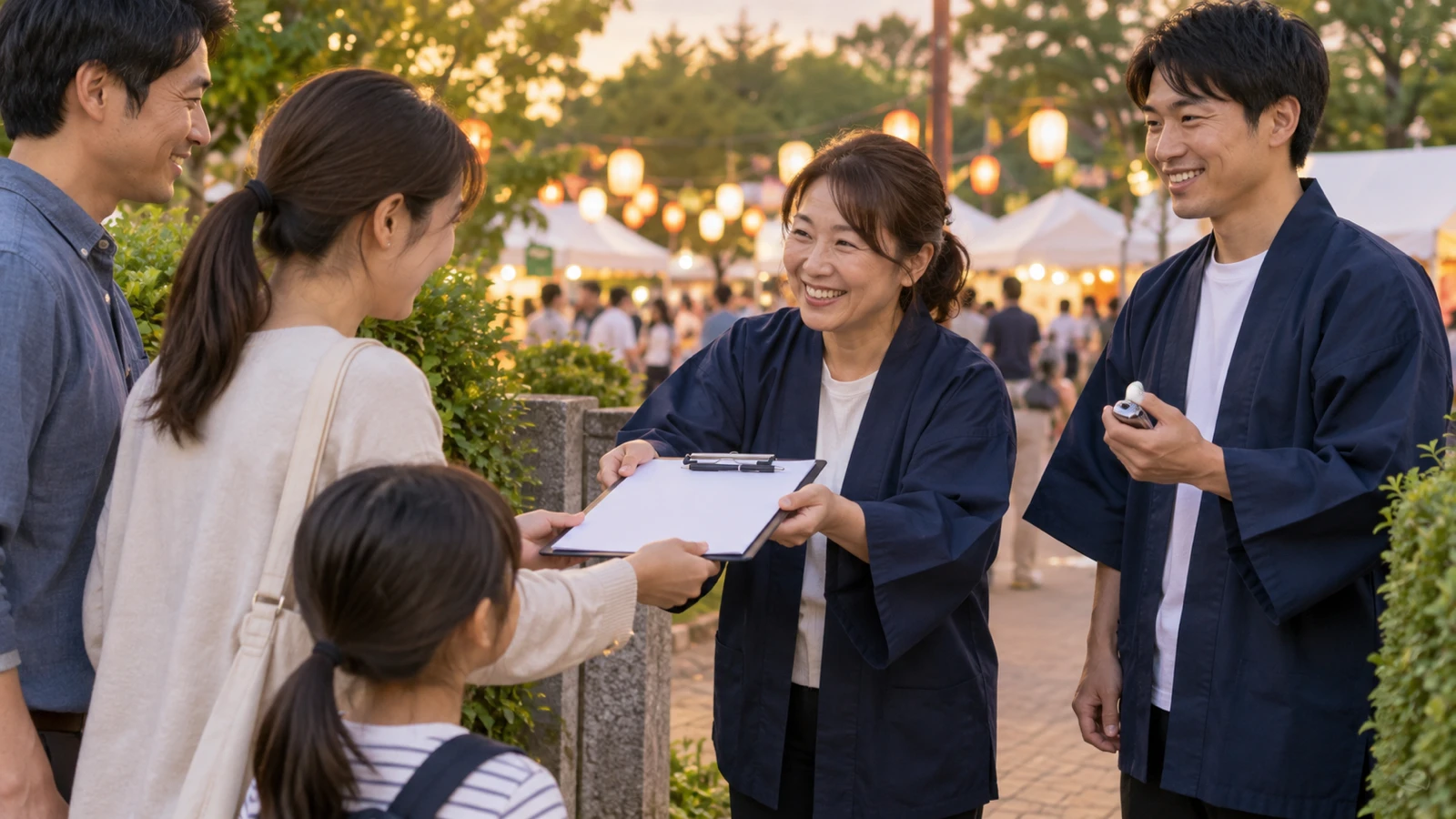 祭りの会場の入口で、法被を着た実行委員の女性が来場者の家族にバインダーに挟んだアンケート用紙を手渡し、隣の男性スタッフが手元の数取器を押して入場者を数えている様子を、腰の高さから近めに写した写真
