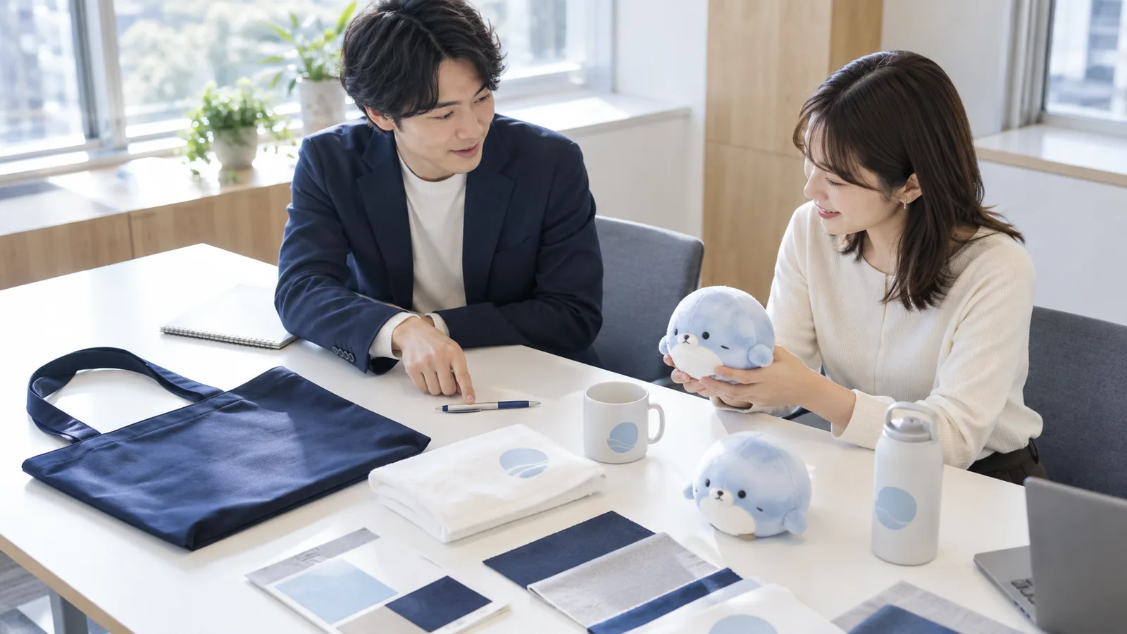 会議室の白い机の上に、無地のボールペン・トートバッグ・タオルといった既製品の見本と、形から作った小さなオリジナルのぬいぐるみの試作が分けて並び、担当者2人が見比べている様子を、斜め上から少し離れて写した写真