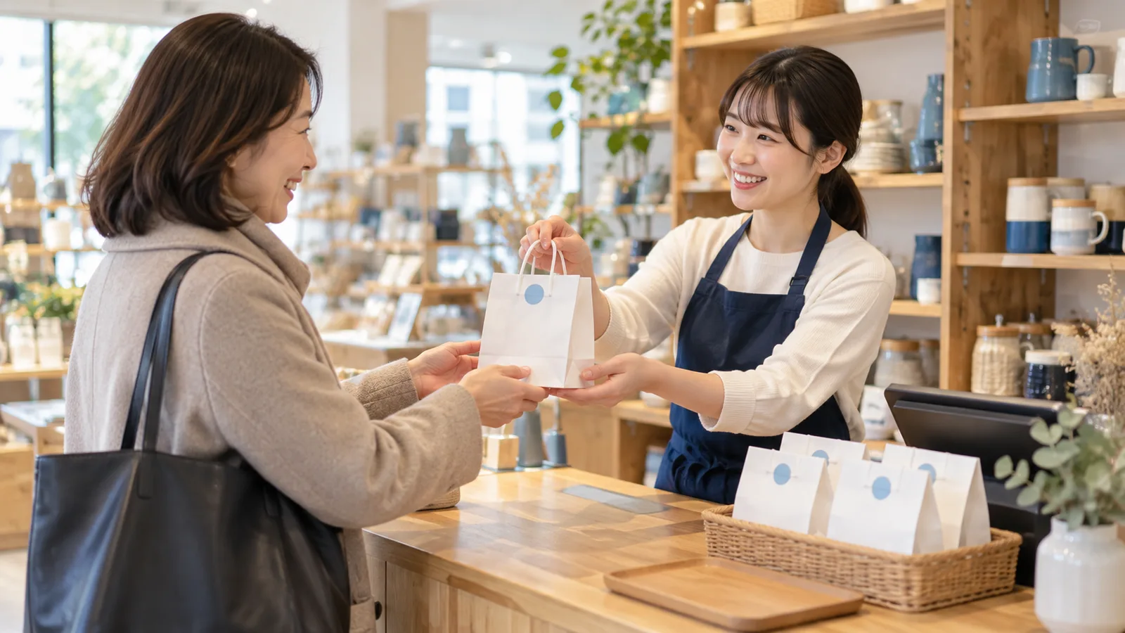 店舗のレジ横のカウンターで、スタッフが来店された方に、無地の小さな紙袋に入ったノベルティを両手で手渡している様子を、カウンターの横から少し離れて写した写真