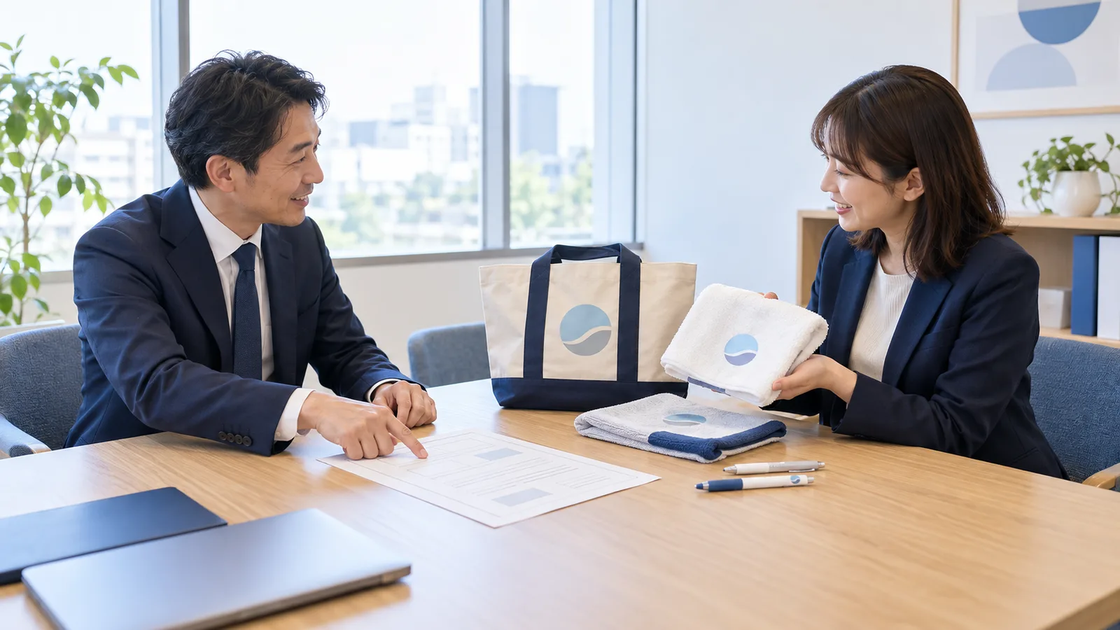 会議室で、会社の担当者と制作会社の担当者が向かい合い、机の上のノベルティの見本と記入済みのシートを見ながら打ち合わせをしている様子を、2人の横から少し離れて写した写真。紙の文字は読めない