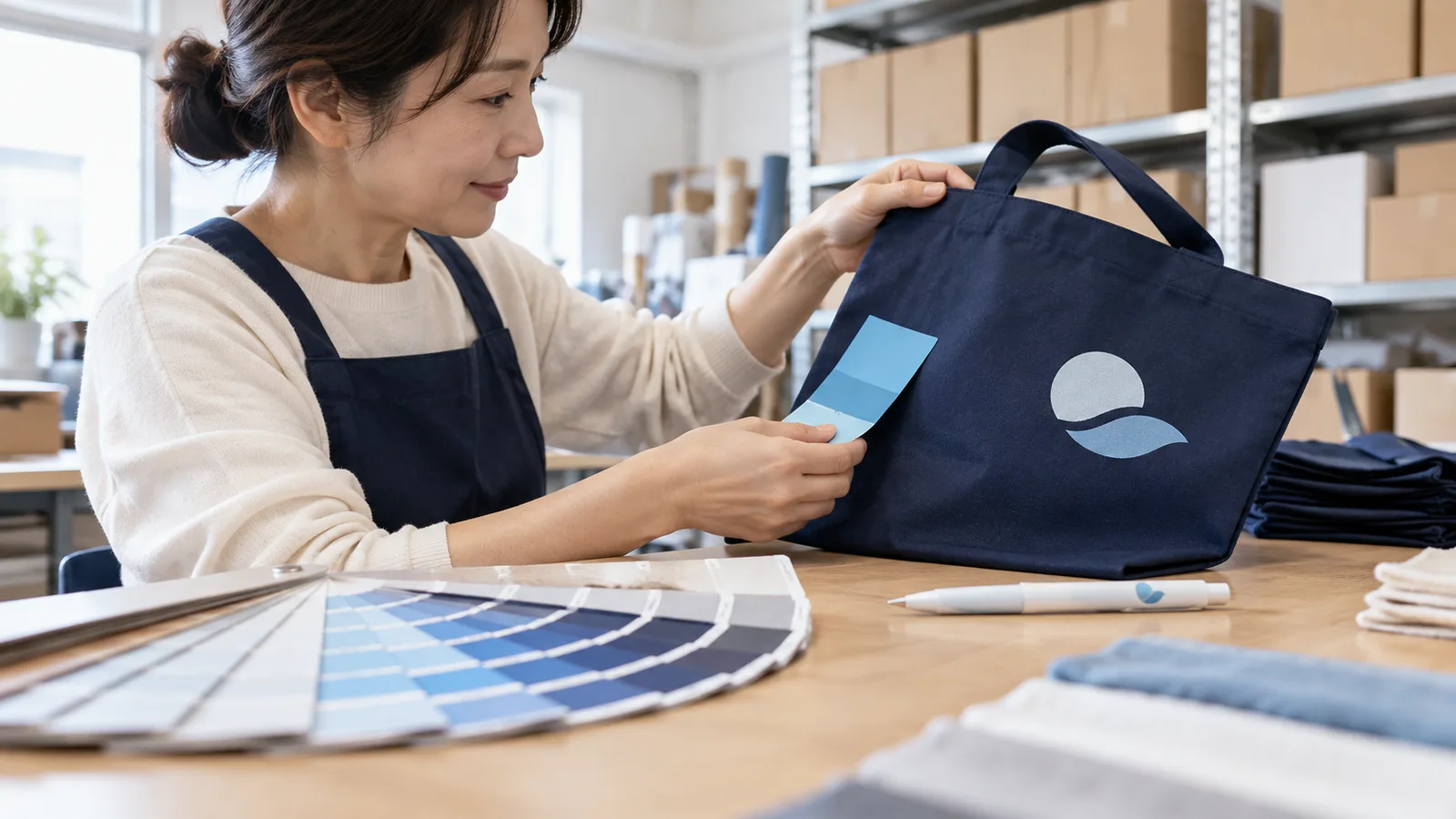 制作の作業場の作業台の上に、名入れの見本のトートバッグとボールペン、色の見本帳が並び、担当者が見本を手に取って色を見比べている様子を、作業台の高さから低く寄って写した写真