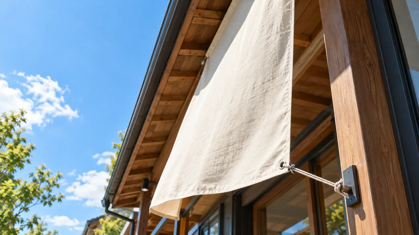 晴れた昼、店の軒先に吊り下げた無地の生成り色の布のタペストリーが風を受けて少しふくらみ、下の端の金属の輪の穴にひもが通っている様子を、歩道の低い位置から見上げて写した写真。布に文字は無く、人物は写っていない