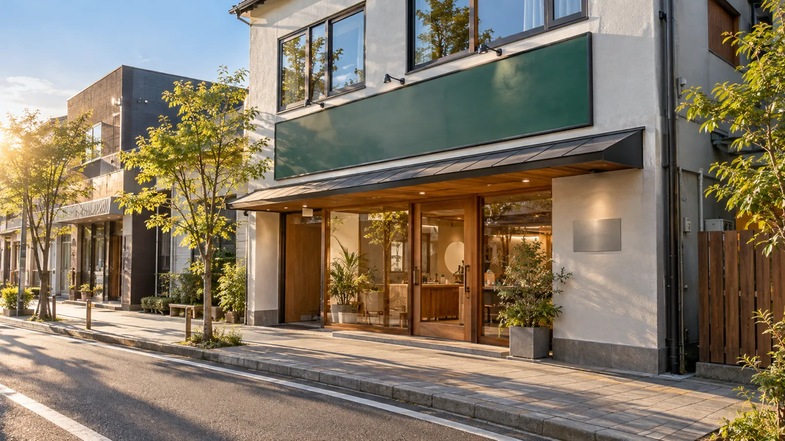 晴れた夕方、西日が斜めに当たる路面店の外壁に、横長の板の看板と、庇の下に小さな金属のプレートが付いている様子を、通りの向かいの歩道から広く写した写真。看板とプレートは無地で、人物は写っていない
