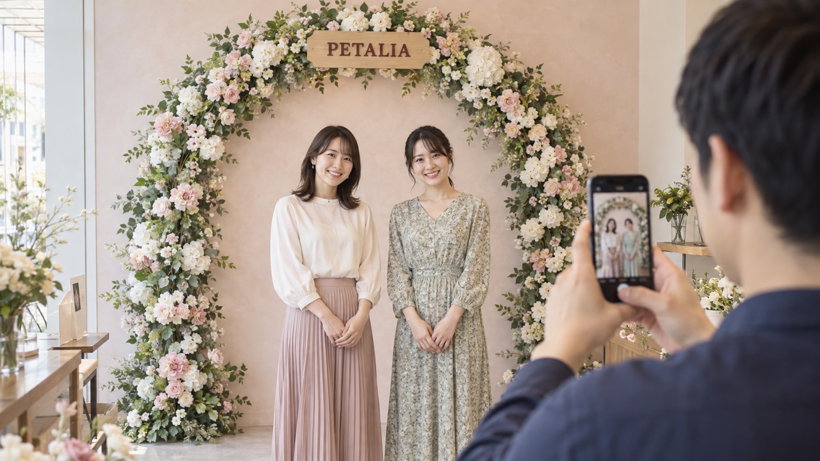 花のアーチ型の背景の前に立つ2人を、スマートフォンを縦に構えた撮る人の肩越しに写した様子