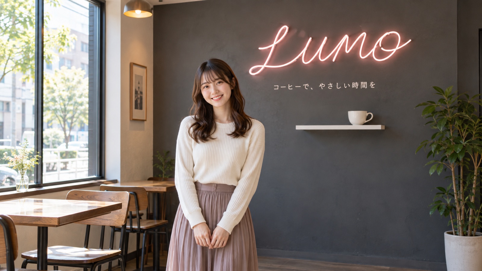 店内のネオンサイン風の背景の前に立つ女性と、横の窓から入る昼の光を、斜め前から写した様子