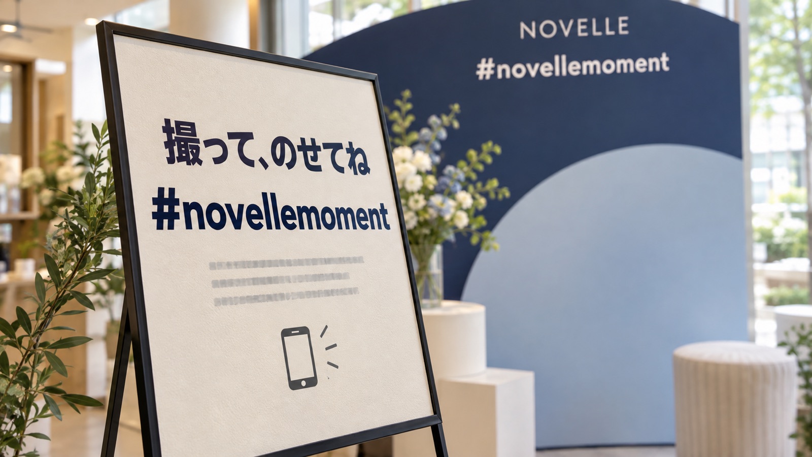 フォトスポットの横に立てたA3の案内スタンドと、背景パネルの上部に入ったハッシュタグの文字を接写した様子
