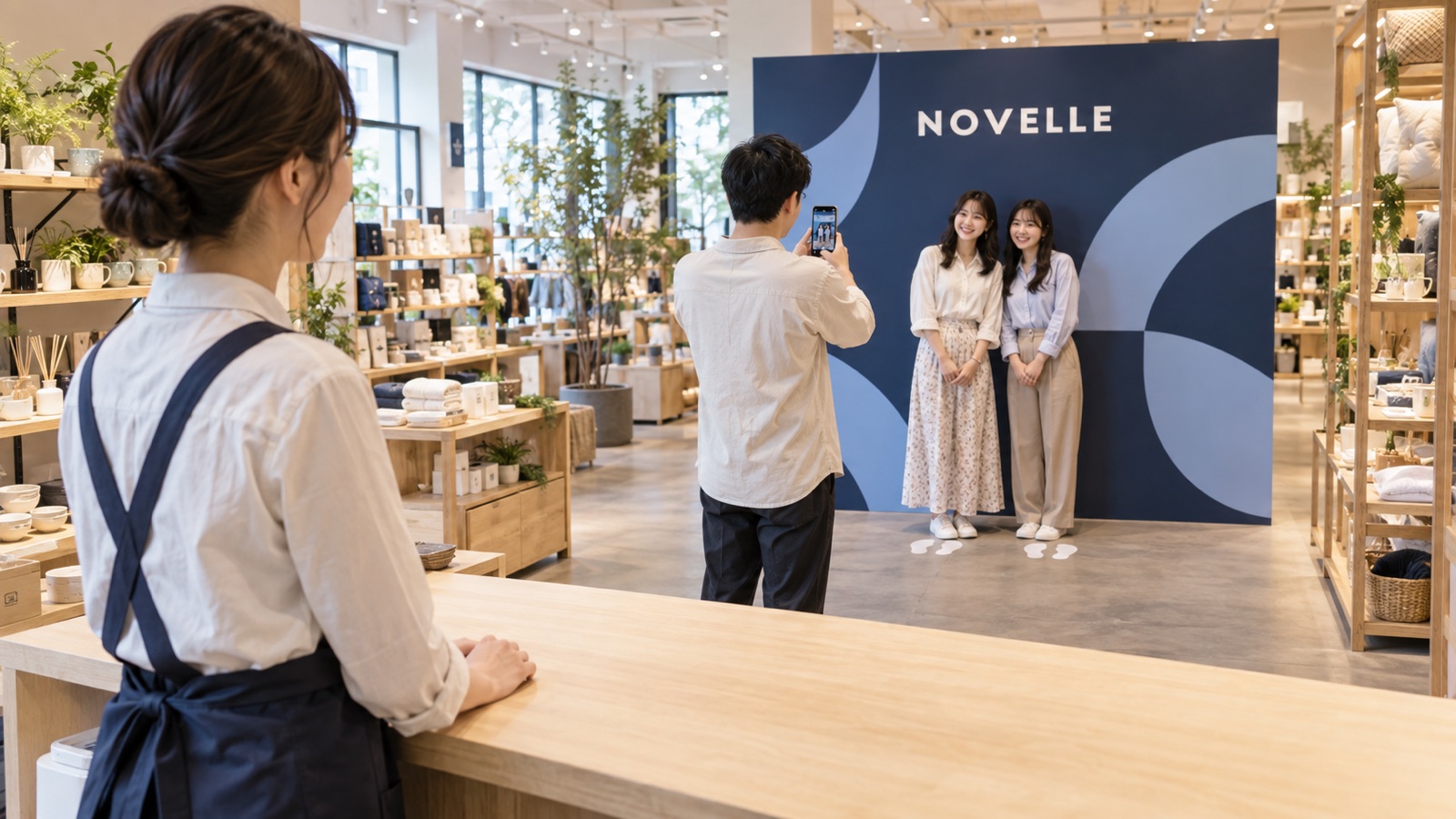 店のレジカウンターの内側から、スタッフが奥のフォトスポットで撮影している人たちを見ているところ