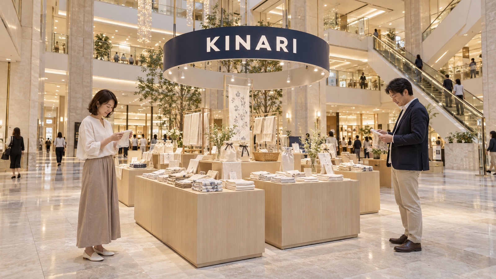 百貨店の売り場の中央に設けた、四方から見える島型の期間限定の店。通路の幅に余裕がある