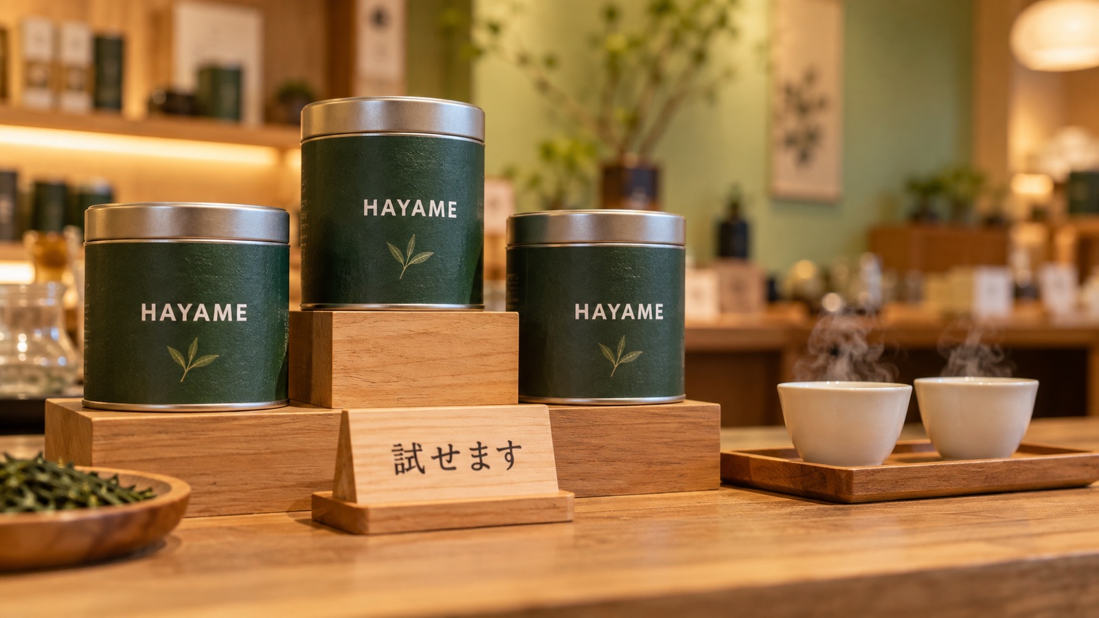木の台に並んだ茶缶と試飲カップの接写。試して、その場で買ってもらう店の手元