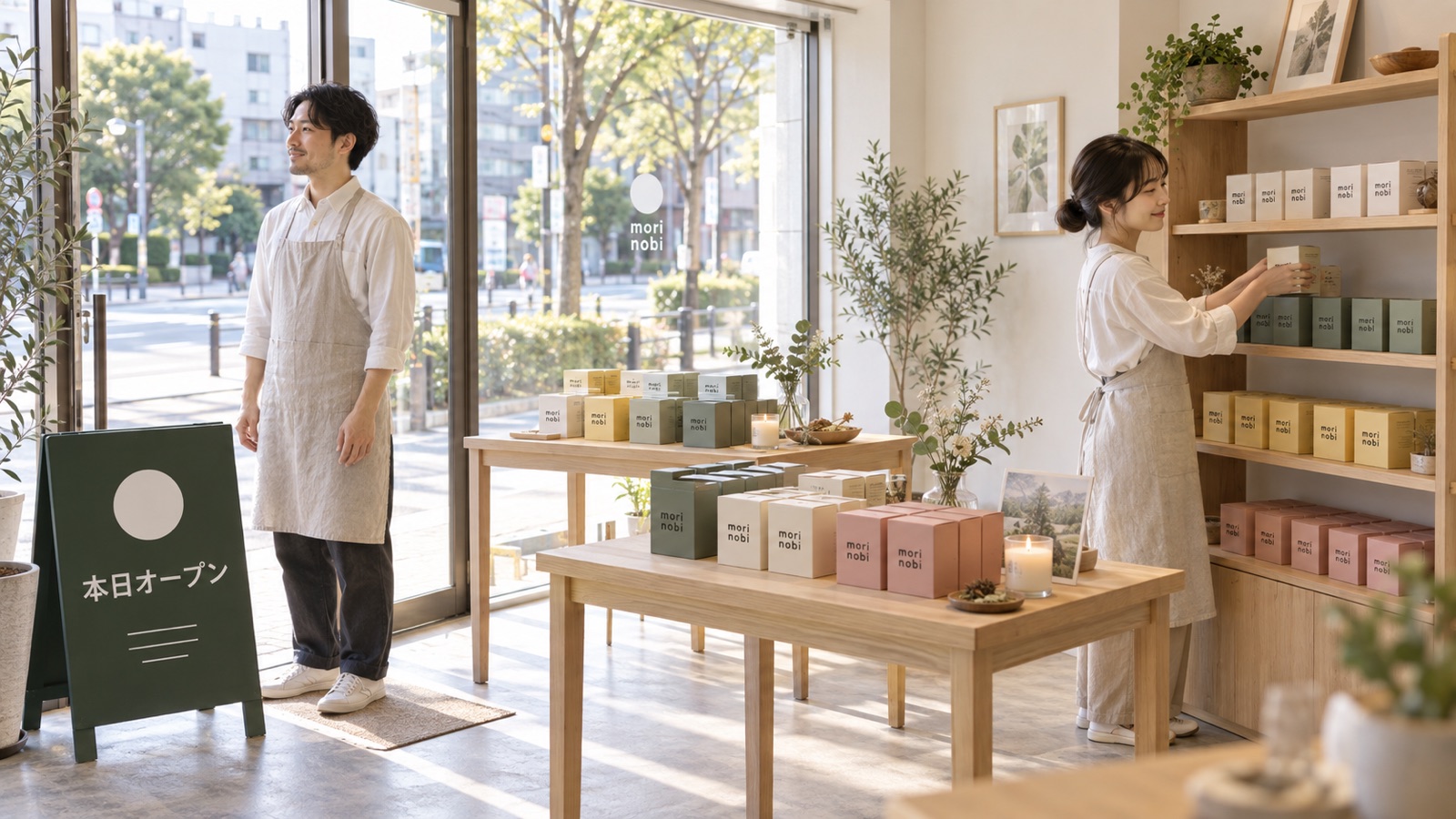 開店前の朝、路面のレンタルスペースで、商品を棚に並べて準備するスタッフ