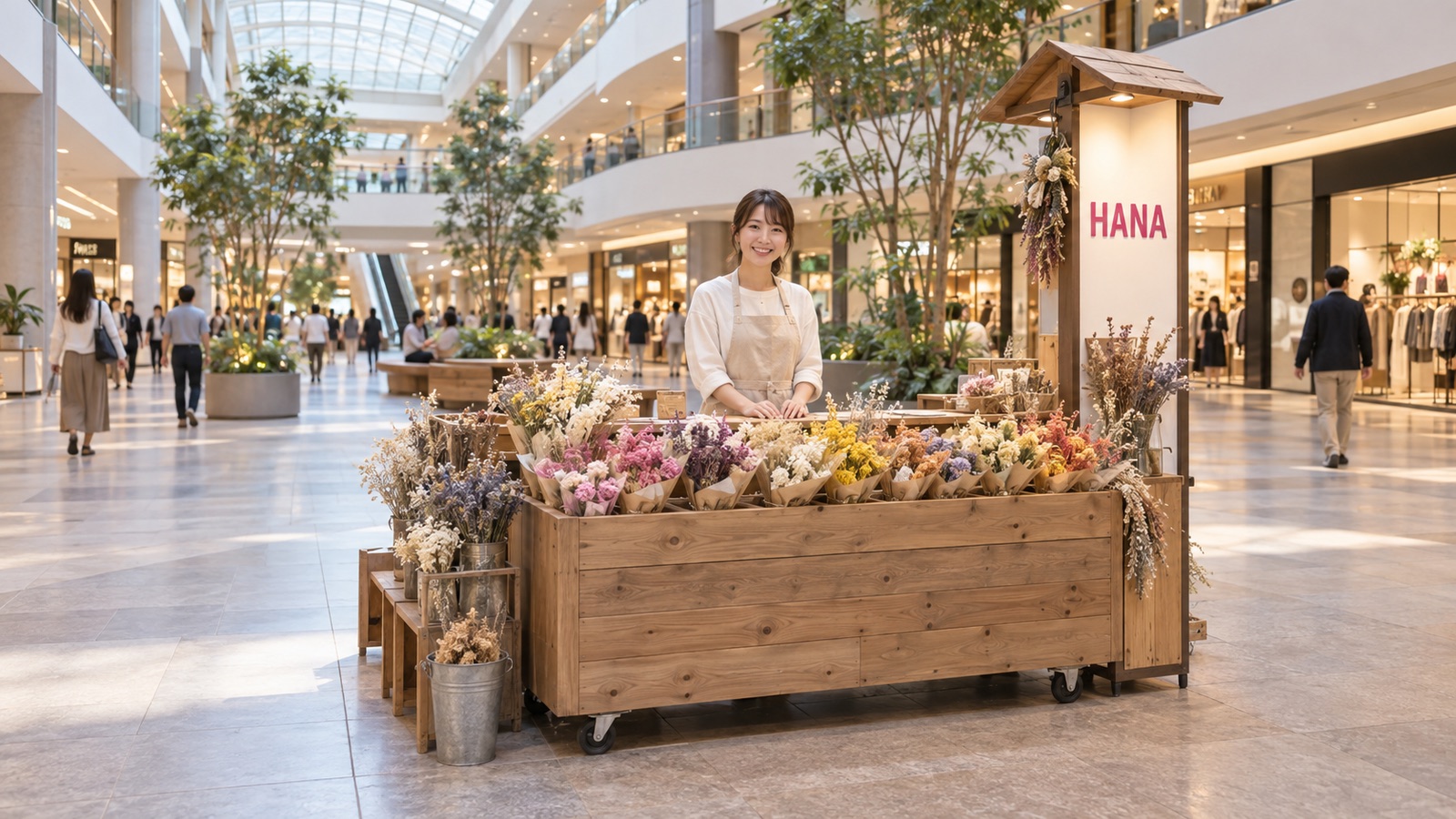 ショッピングセンターの中央広場に置いた、キャスター付きのワゴン型の期間限定の店