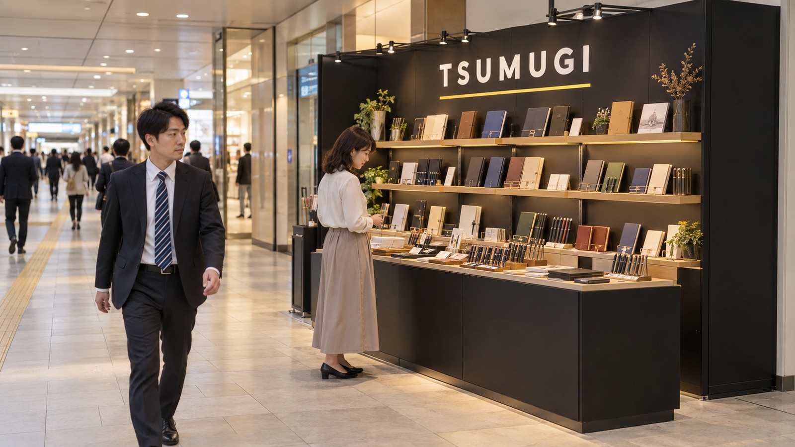 駅ビルの通路沿いのパネルブース。通り過ぎる人と立ち止まる人がいる