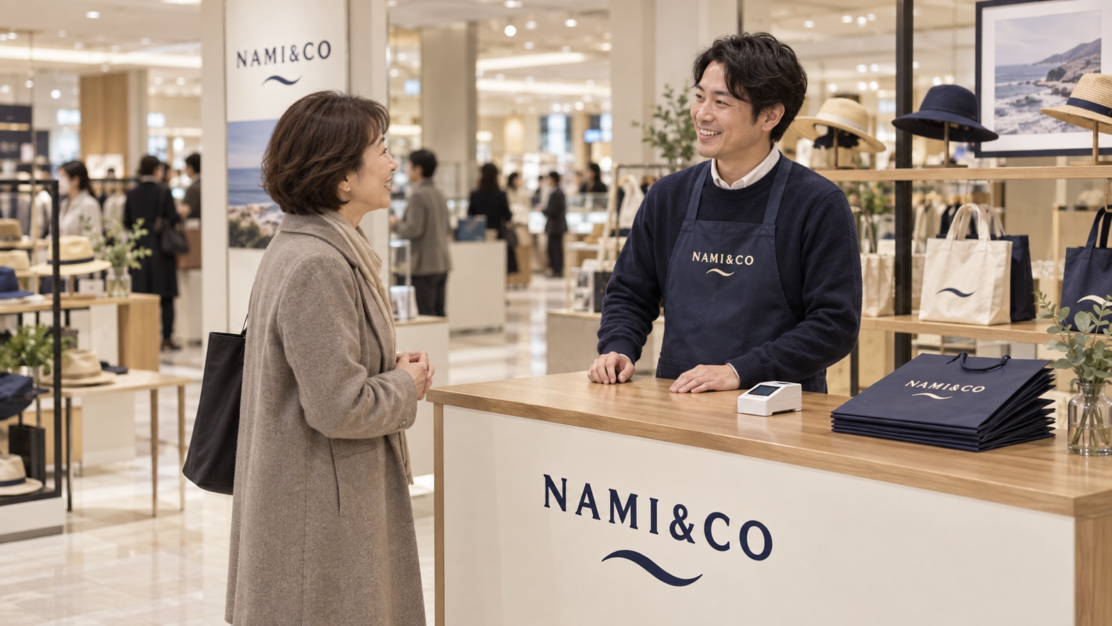 百貨店の催事場の期間限定の店のレジカウンター。カウンターの奥にスタッフが立ち、手前に来店した方が立っている