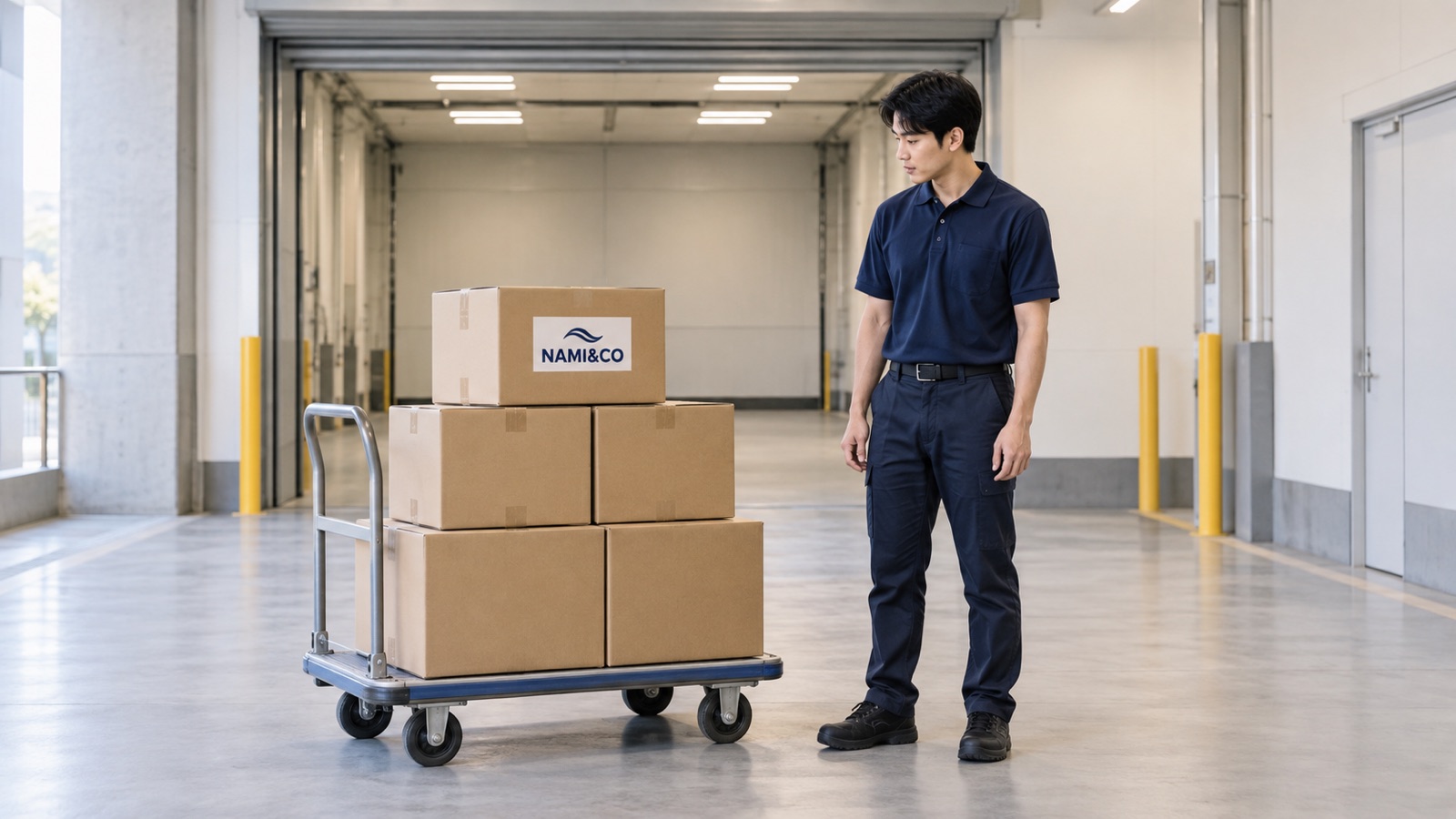 商業施設の搬入口で、段ボール箱を積んだ台車の横にスタッフが立ち、箱の数を目で確かめている