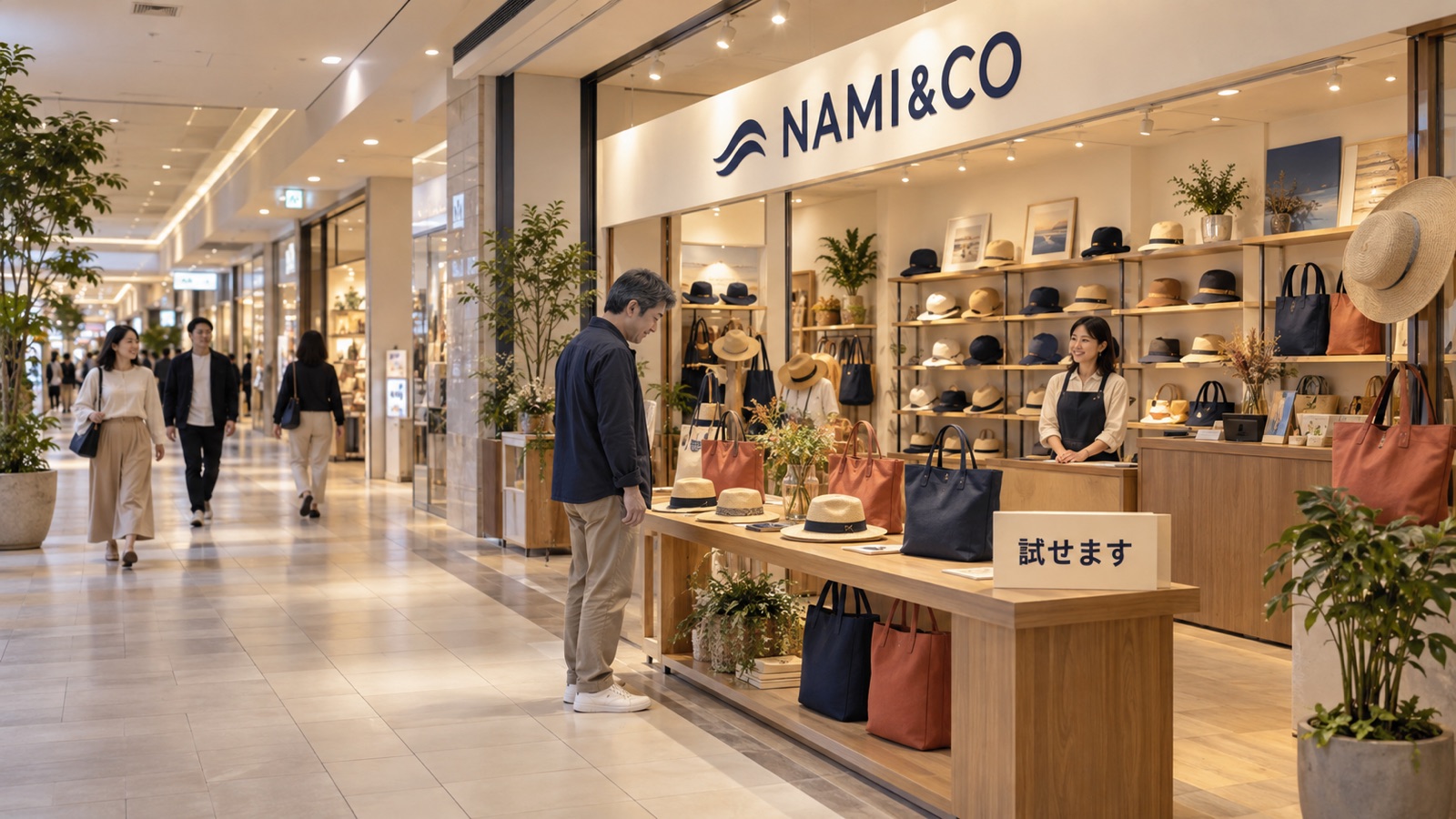 通路の少し離れた位置から見た、期間限定の店の正面。看板と照明で何の店か分かり、来店した方が立ち止まって商品を見ている
