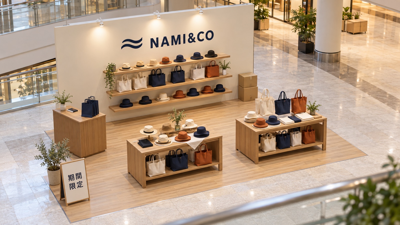 開店前の商業施設の一角にある期間限定の店を、少し離れた高い位置から見た全景。壁面のロゴ、陳列台、照明、奥の段ボール箱まで写っている