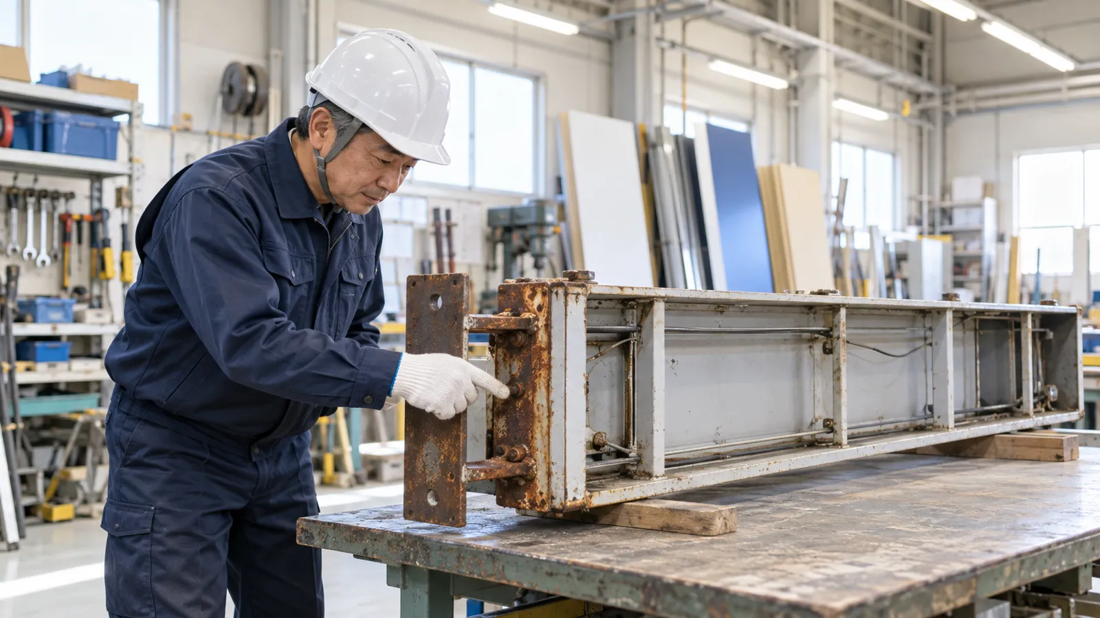 看板の工場の作業台に置かれた、取り外した古い袖看板の骨組みを、紺の作業着の作業員がかがんで確かめている様子を、少し離れた横から写した写真。取り付け金物のあたりに赤茶色のさびが出ている