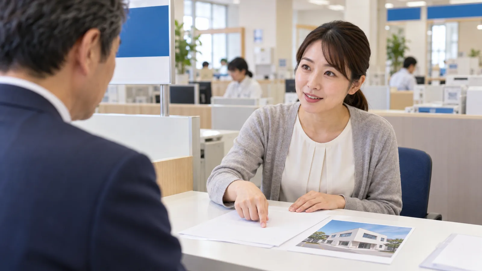 役所の窓口のカウンターを、相談に来た看板の会社の担当者の男性の肩越しに写した写真。カウンターの上に無地の申請書類と建物の外観のプリントの写真が置かれ、カウンターの向こうの職員の女性が書類を指しながら穏やかに説明している