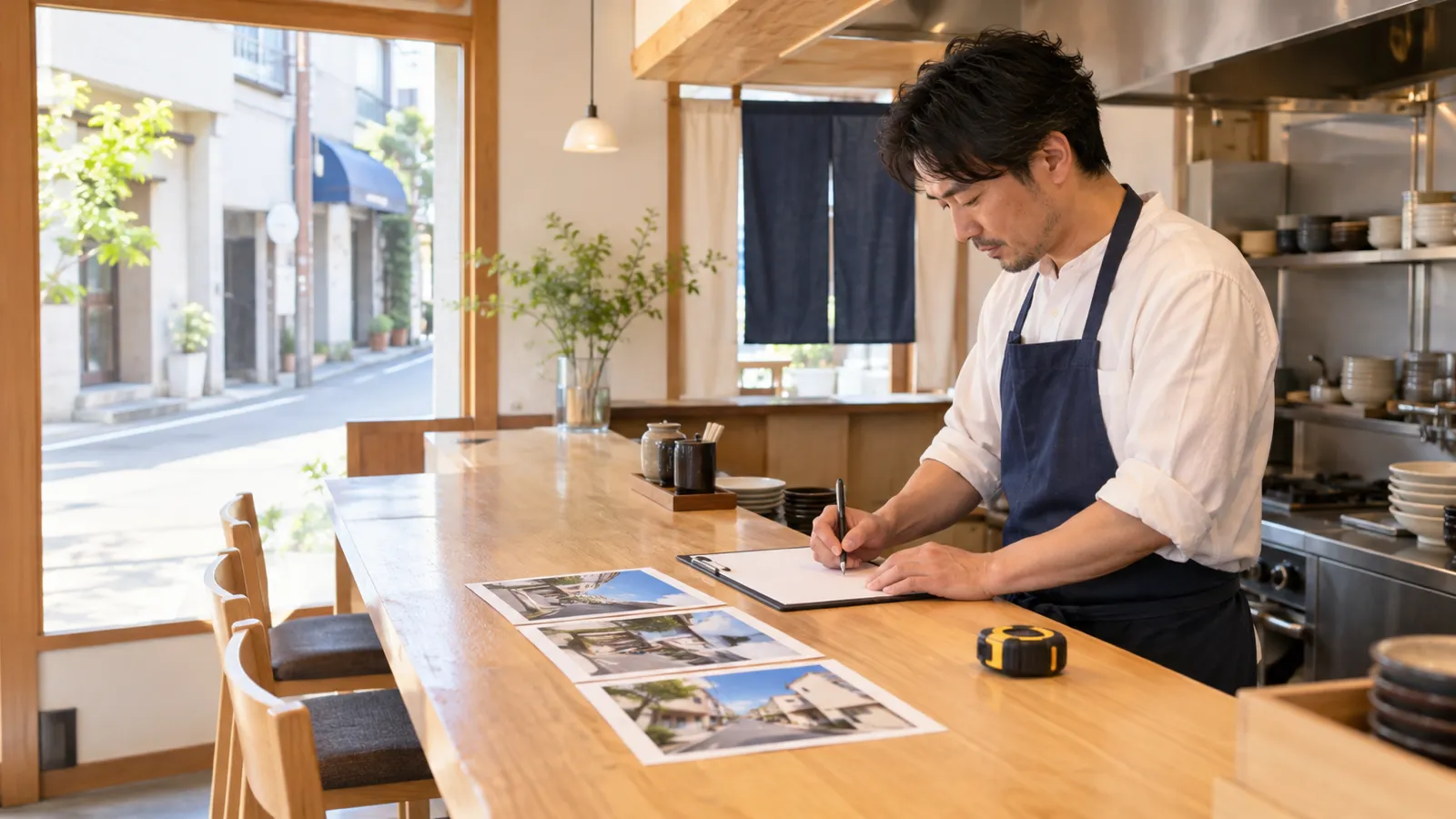 店のカウンターで、店の正面と前の通りを両方向から写したプリントの写真を並べ、店主の男性がペンで無地の書き込み用の用紙に書き込んでいる様子を、カウンターの横から目の高さで写した写真