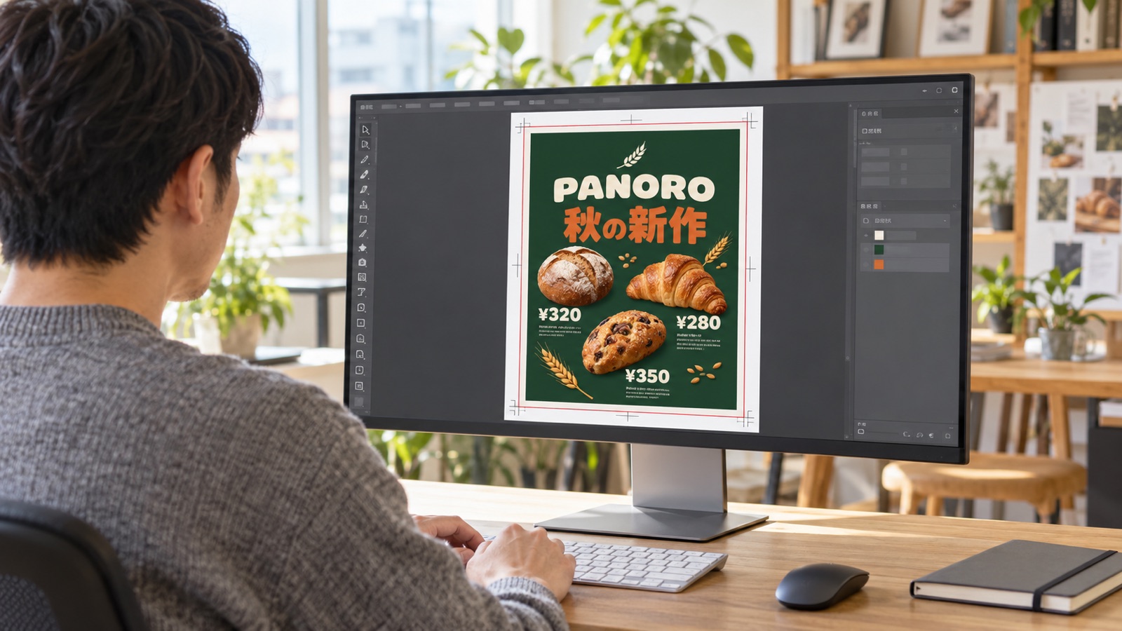 デザイナーの肩越しに見た、チラシの印刷用データの画面。仕上がりの線の外側に塗り足しの線とトンボが付いている