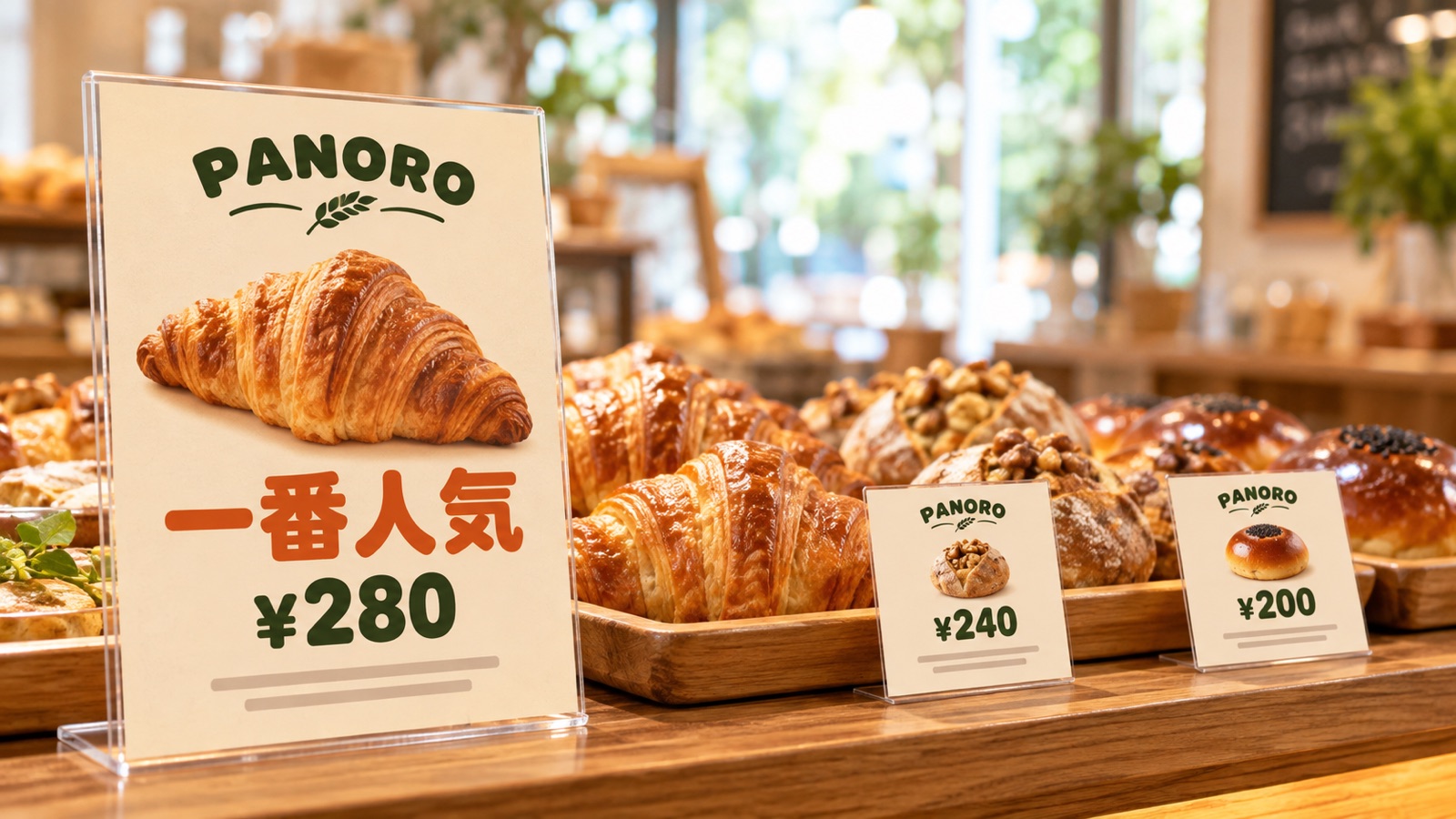 パンの陳列台に、一番人気のパンを推す大きめの卓上POPを1つ立て、ほかの商品には小さなプライスカードを添えた売場