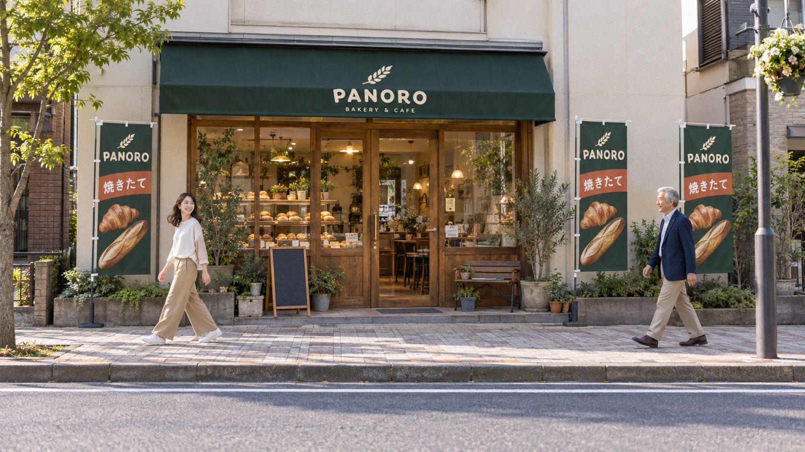 通りの向こうから見たベーカリーの店先。店の壁際に同じ柄ののぼり旗が3本並び、前の歩道は物が置かれず空いている