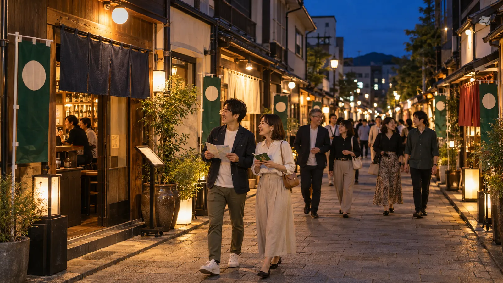 夜の飲食店街の通りを、地図とチケットの冊子を手にした男女のグループが歩いている様子。両側の店の入口に、無地ののれんと、参加店の目印の緑の旗が立っている