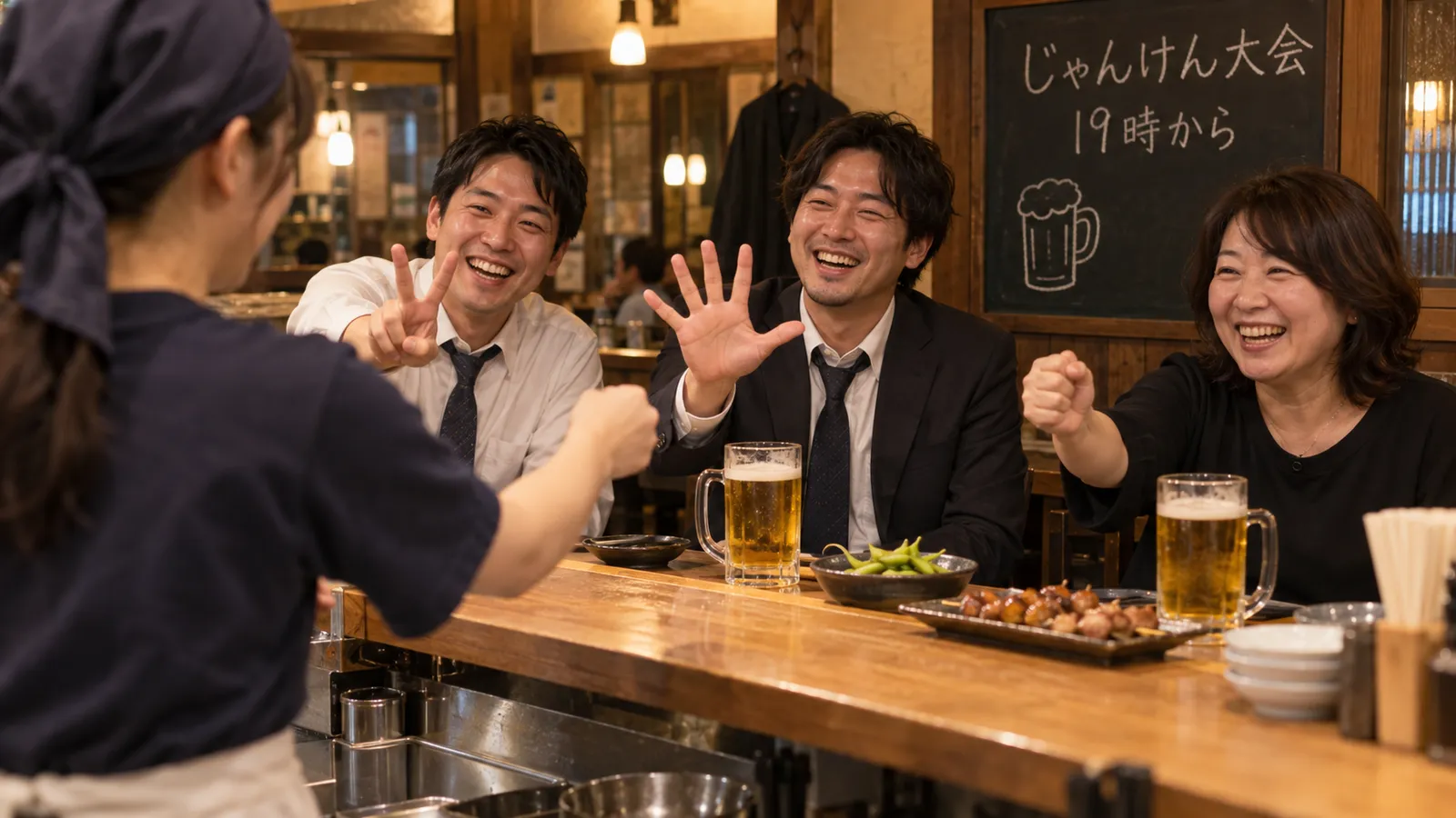 居酒屋のカウンターで、仕事帰りのお客さま3人が笑いながら片手を上げ、カウンターの内側のスタッフとじゃんけんをしている様子。奥の黒板に「じゃんけん大会 19時から」と書かれている