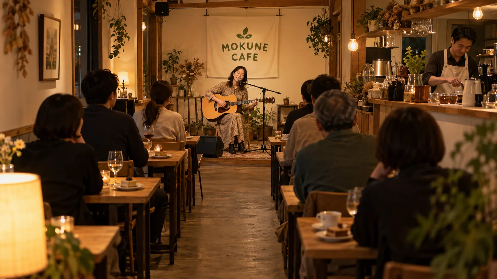 小さなカフェの夜のアコースティックライブを、客席のいちばん後ろから写した写真。奥の壁際で女性がギターを弾きながら歌い、2人掛けのテーブルに座ったお客さまが聴いている