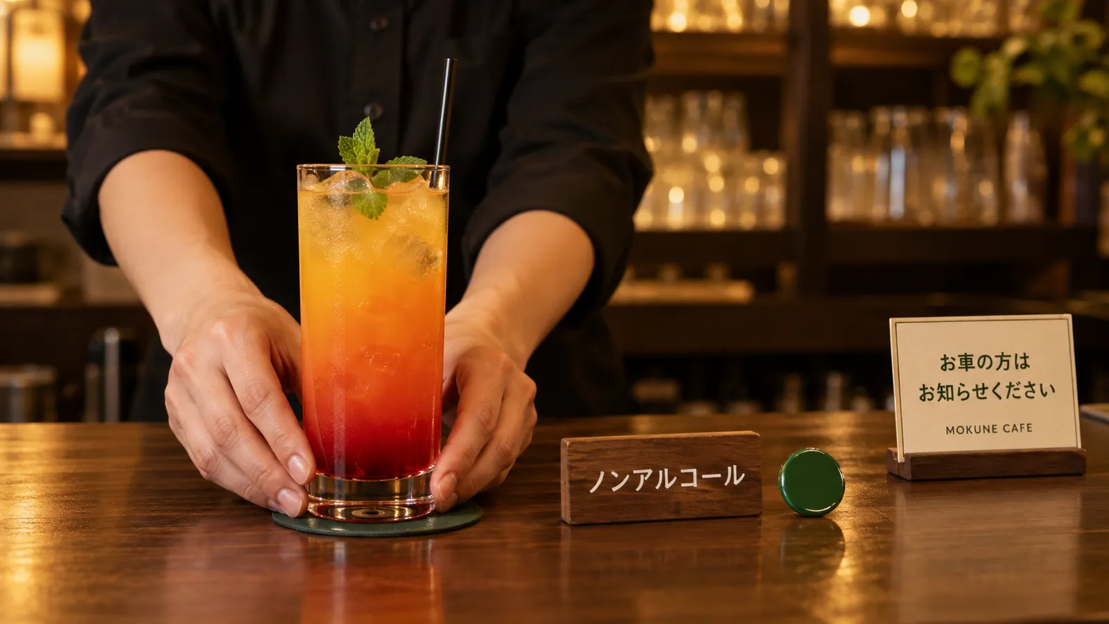 カフェバーのカウンターで、スタッフの両手がノンアルコールのカクテルを置いている手元の接写。横に「ノンアルコール」の木札と、「お車の方はお知らせください」の卓上の立て札がある