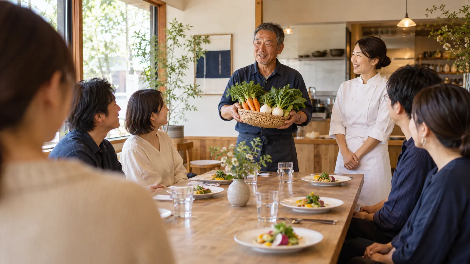 小さなレストランの長テーブルで、作業着姿の農家の男性が野菜のかごを持ち上げて話し、横で料理人が聞いている。テーブルの参加者が前菜を前に農家の方を見ている様子を、参加者の肩越しに写した写真
