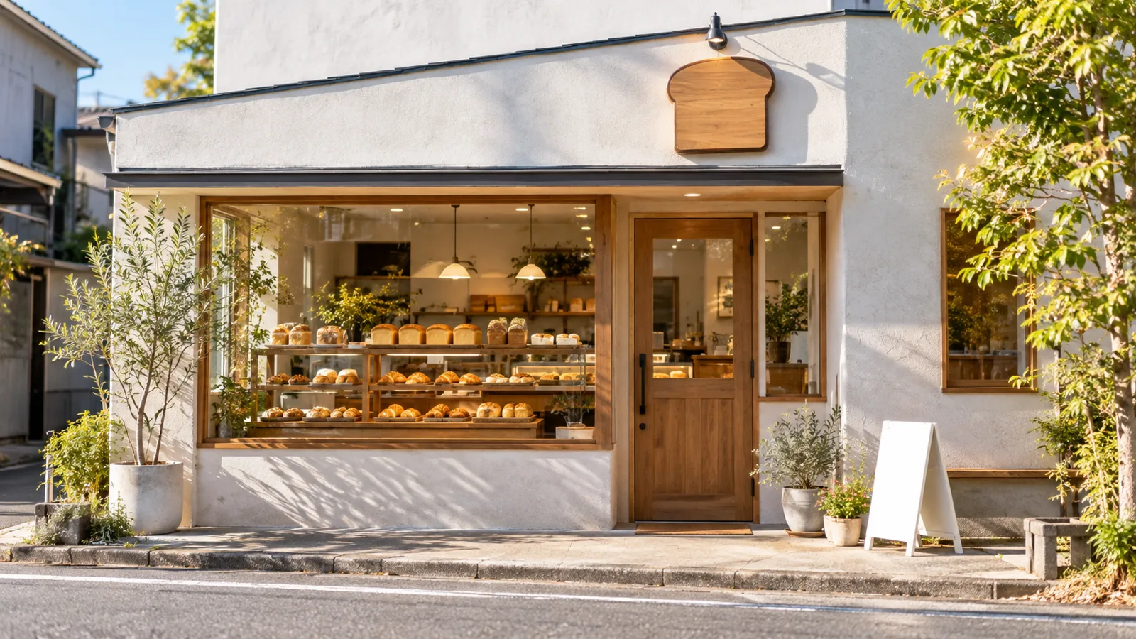 朝の住宅街の通りに面した小さなパン屋の店先を、向かいの歩道から写した写真。入口の上に食パンの形をした木製の無地の看板が付き、入口の横には小さなA型の置き看板、ガラス越しに棚に並んだパンが見える。人物は写っていない