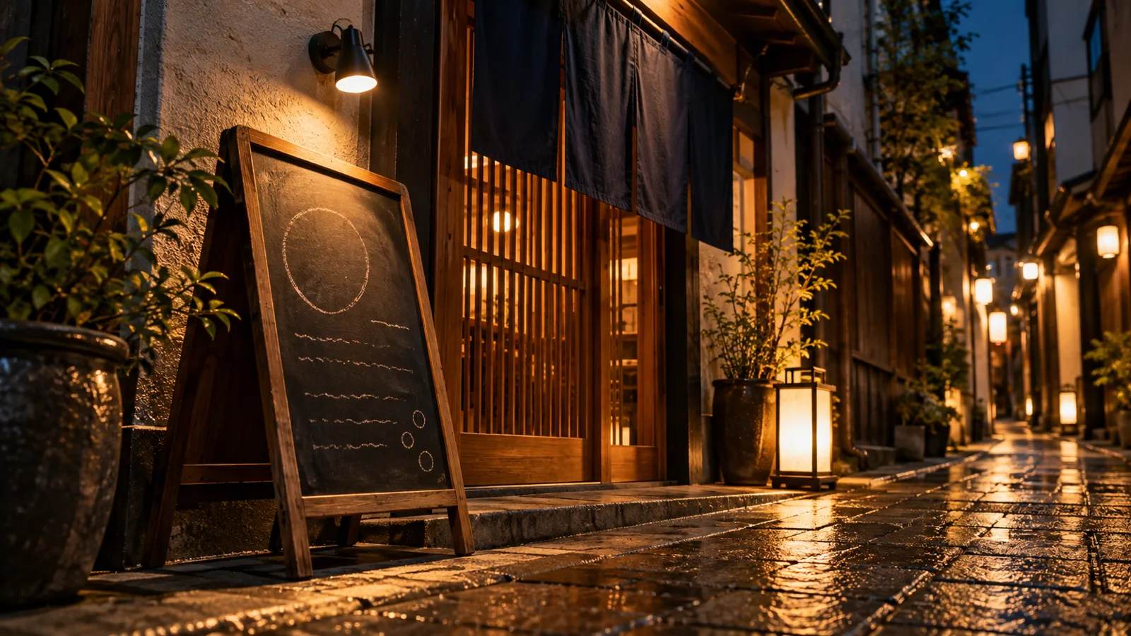 夜の繁華街の路地で、居酒屋の入口の横に置かれた、上からスポットライトで照らされた黒板の置き看板を、斜め前の低い位置から写した写真。黒板には文字の読めない白い線だけが描かれ、奥に紺ののれんと格子戸が見える