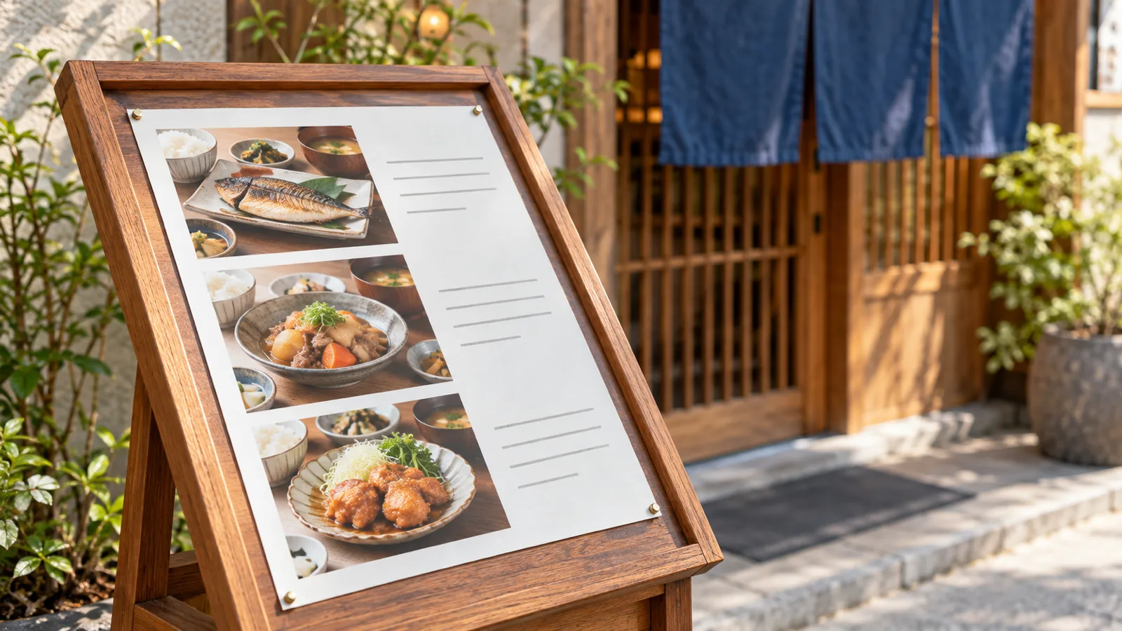 昼の店先に置かれたメニュースタンドを、手元が分かる距離から写した写真。木の枠のスタンドに、料理の写真の部分と文字の読めない細い線だけが並ぶメニューが入っていて、背景に店の入口がぼけて見える