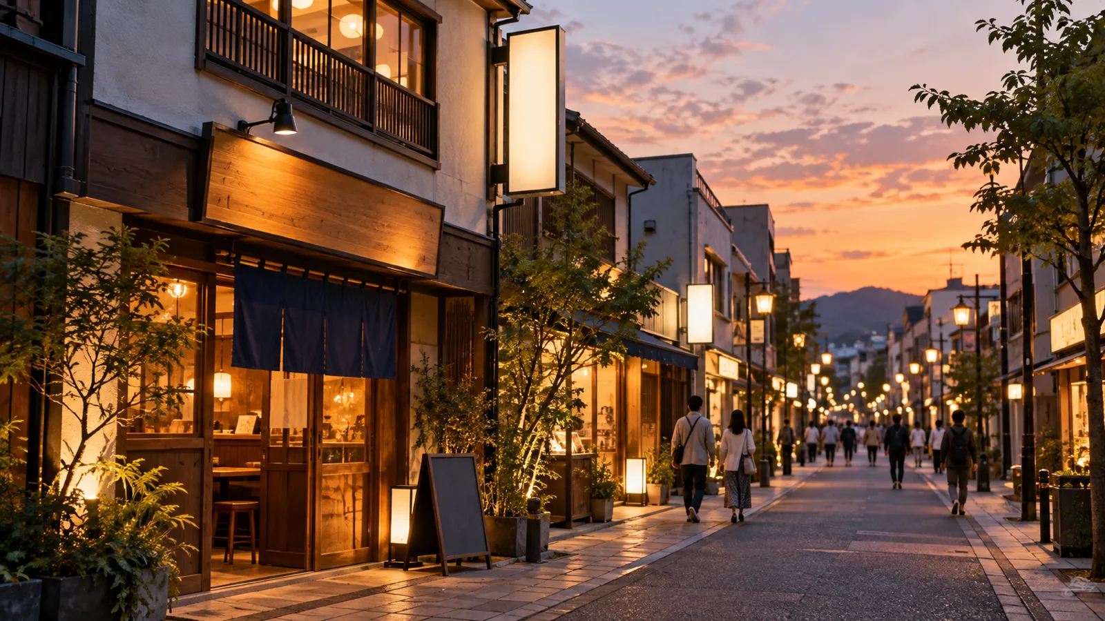 夕方の商店街の通りを、少し離れた歩道から奥に向かって写した写真。手前の飲食店には壁から突き出した無地の袖看板、入口の上に横長の無地の店名看板、入口の横に小さな置き看板と紺の半のれんがあり、通りを歩く人が数人小さく写っている