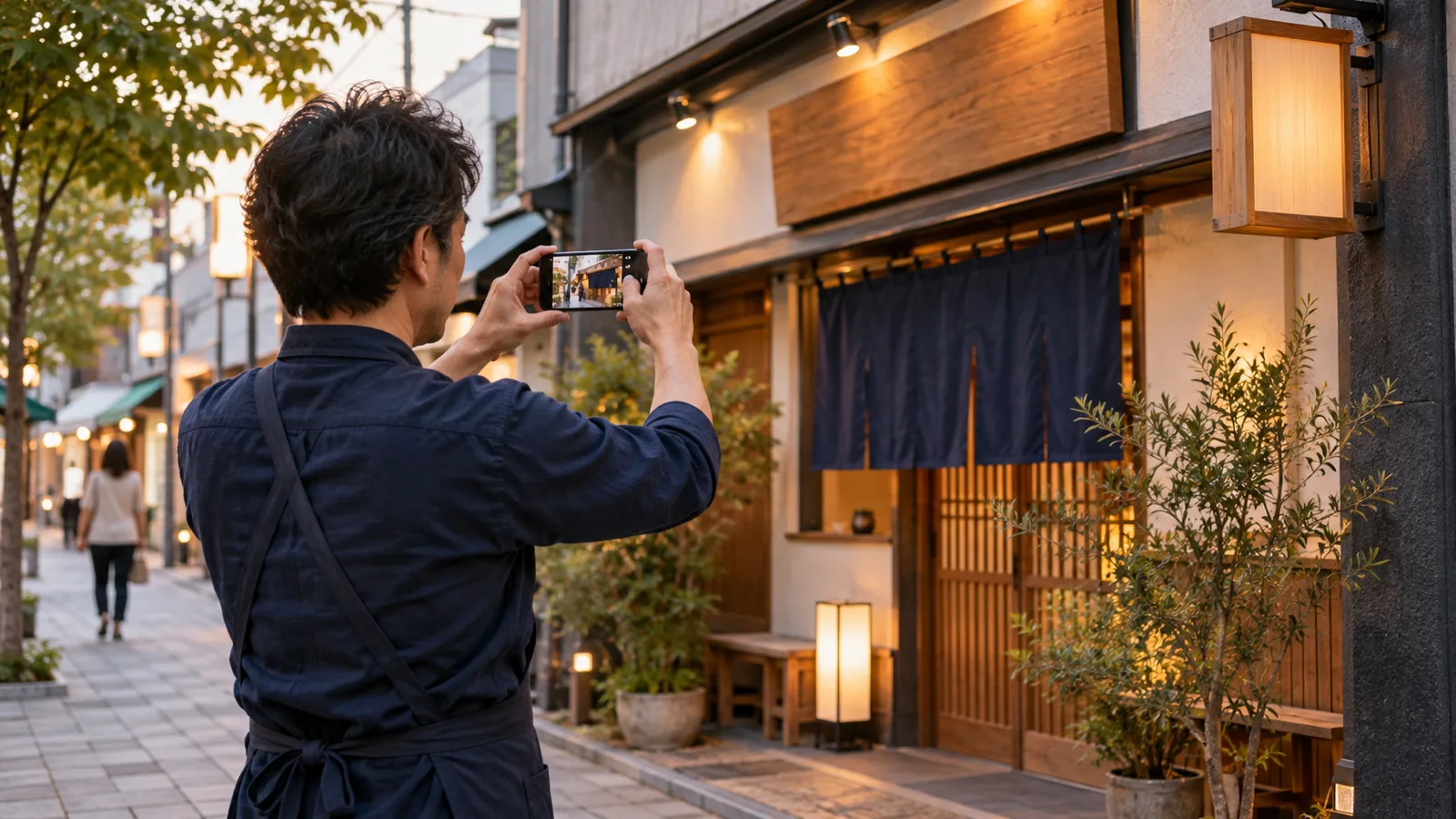 夕方の商店街の歩道で、店主らしいエプロン姿の40代の男性が、スマートフォンを構えて少し離れた位置から自分の店の店先を撮っている様子を、斜め後ろから写した写真。店の看板には文字が描かれていない