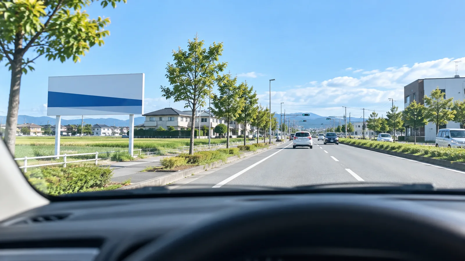 郊外の片側2車線の道路を、走っている車の運転席から前方を見た写真。ハンドルとダッシュボードの一部が手前に写り、少し先の道路左側の土地に無地の横長の看板が立っていて、その先に交差点の信号が見える。看板と車内に文字は無い