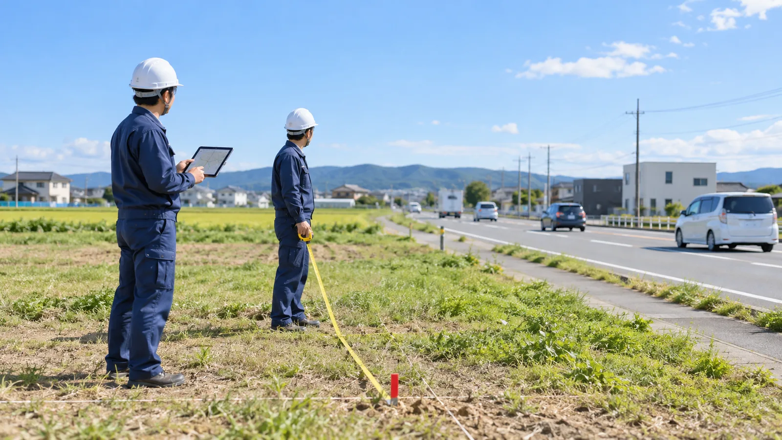 晴れた昼、郊外の道路沿いの空き地で、紺の無地の作業着の2人がタブレットと巻尺を持ち、道路の方向を見ながら看板を立てる位置を確かめている様子を、少し離れた横から写した写真。作業着と道具に文字は無い