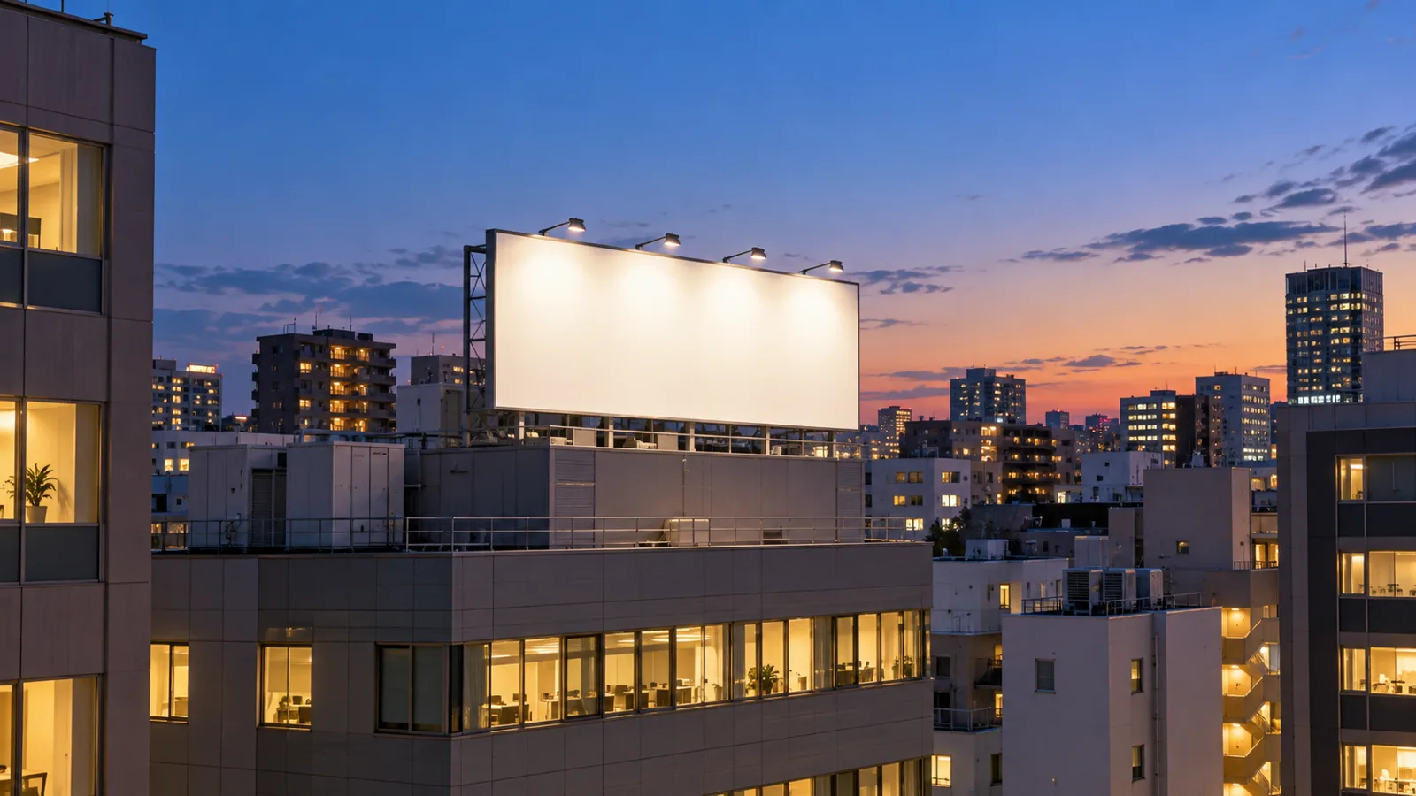 夕暮れのビル街で、ビルの屋上に立つ横長の無地の看板を、看板の上に付いた細いアームの照明器具が上から照らしている様子を、隣のビルの少し高い位置から写した写真。看板の面は白く明るく光り、空は群青色。看板にはどこにも文字が無い