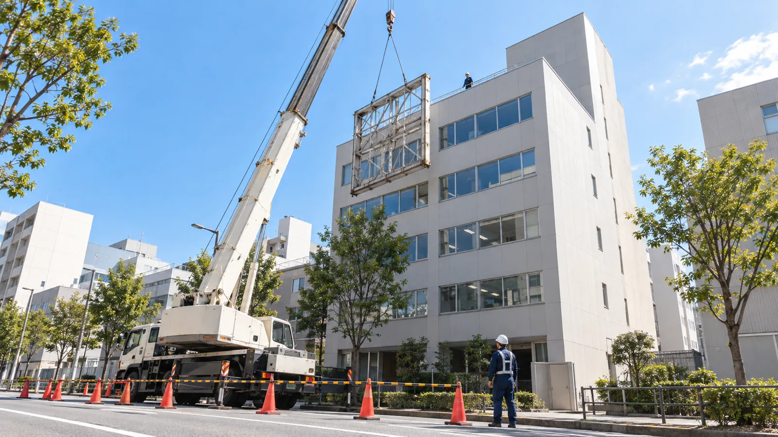 晴れた昼、ビルの屋上から古い看板の骨組みの一部をクレーンで吊り下ろしている様子を、地上の道路の少し離れた位置から見上げて写した写真。クレーンのワイヤーに吊られた鉄骨の枠と、屋上の端に立つ作業員が小さく見える。どこにも文字やロゴは無い
