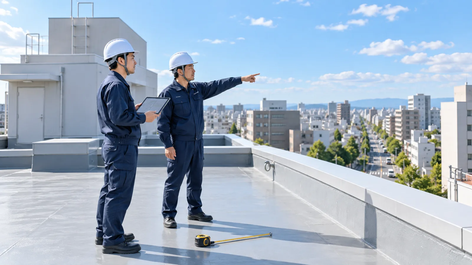 晴れた昼のビルの屋上で、紺の無地の作業着の2人がタブレットと巻尺を持ち、屋上の外周の立ち上がりのそばで遠くの道路の方向を指さしながら看板を付ける位置を話している様子を、少し離れた横から写した写真。作業着と道具に文字は無く、背景に街並みと青空が広がる