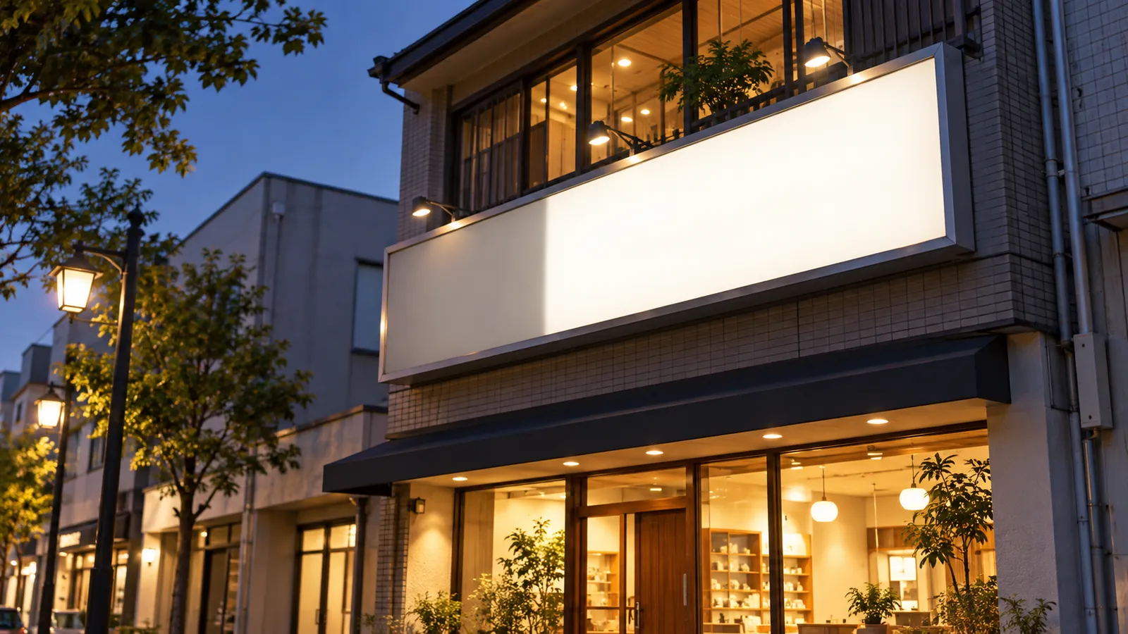 夕方の通りで、2階の壁に付いた無地の内照式の電飾看板が、左側の3分の1だけ暗くなっている様子を、通りの向かいの歩道から少し見上げて写した写真。看板の下には店の入口の明かりが見え、人物はいない