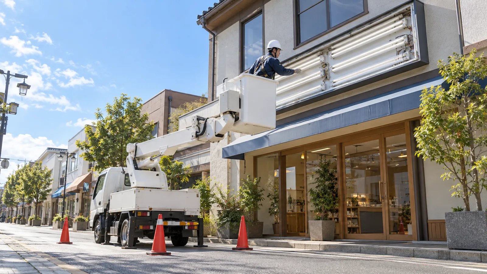 2階の外壁の看板の前で、高所作業車のかごに乗った紺の作業着と白いヘルメットの作業員が、表示面を外した看板の中の器具を確かめている様子を、通りの少し離れた所から低い位置で見上げて写した写真。作業車のまわりに三角コーンが置かれ、看板は無地