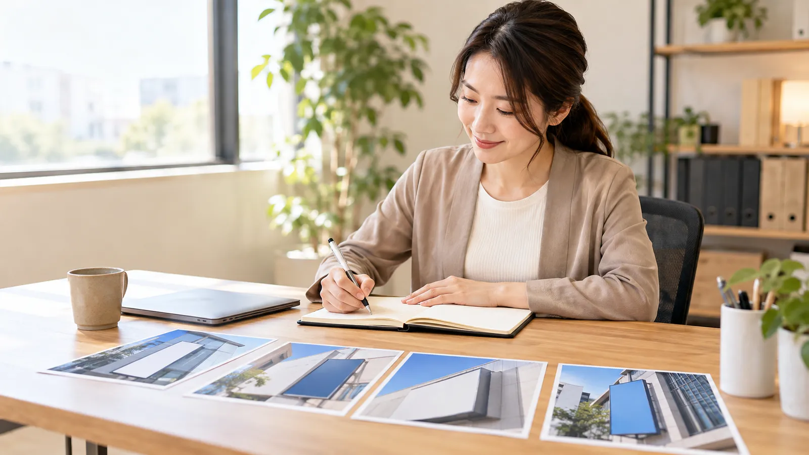 事務所の机の上で、ビルの管理会社の担当の女性が、建物に付いた看板の写真のプリントを数枚並べ、無地の手帳に予定を書き込んでいる様子を、机の横から目の高さで写した写真。プリントと手帳には文字が見えない
